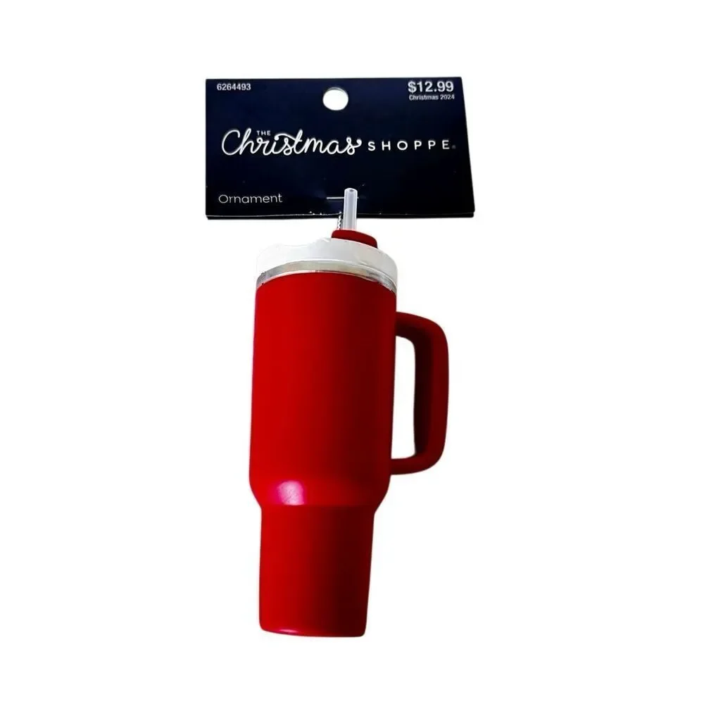 Red Christmas Shoppe Tumbler Ornament W White Lid & Straw NWT See Detail